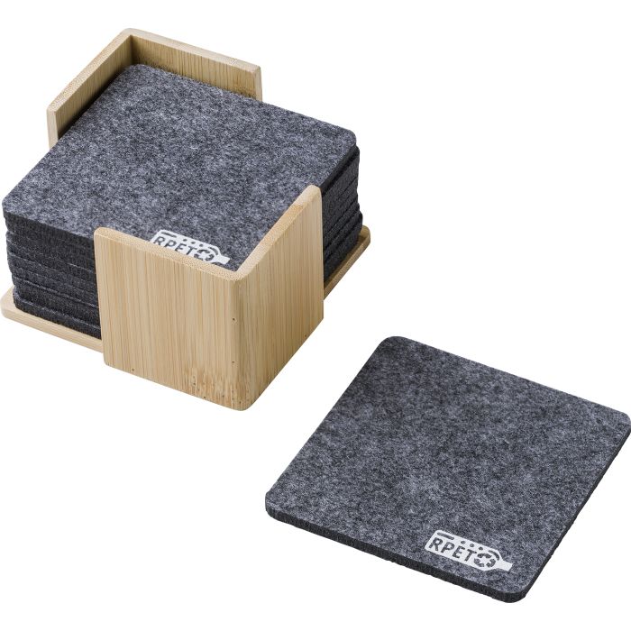 RPET Recycled Coaster Set in Bamboo Case RPET Recycled Coaster Set in Bamboo Case