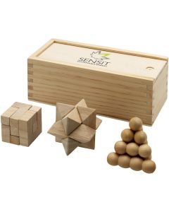 Set Of Wooden Brain Teaser Games With Wood Box Brainiac