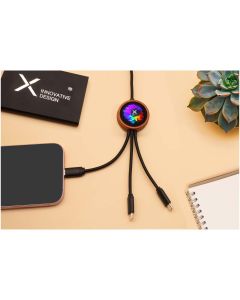 SCX.design C37 5-in-1 rPET light-up logo charging cable with round wooden casing