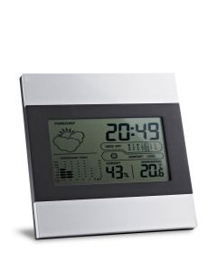 Aluminium desk station with LCD screen. This station has calendar, alarm and weather information and forecast. Includes 2 AAA batteries