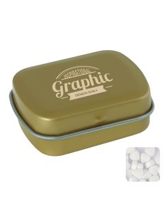 Small flat hinged tin with sugar free mints