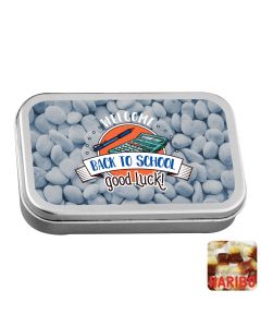 Large flat hinged tin with Haribo cola bottles