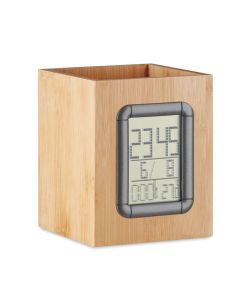 MANILA Bamboo Pen Holder With Digital Clock Calendar And Thermometer