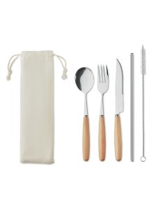 CUSTA SET Reusable Metal And Wood Cutlery Set In Pouch