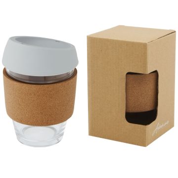 Lidan 360 ml borosilicate glass tumbler with cork grip and silicone lid Grey - 1 Bounce Creative Designs