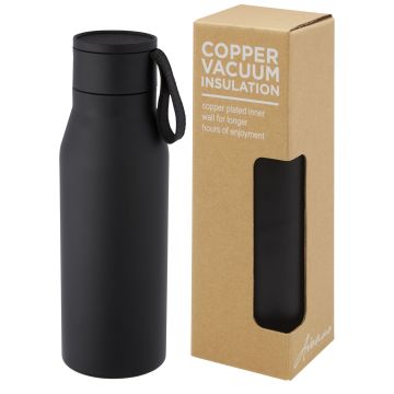 Ljungan 500 ml copper vacuum insulated stainless steel bottle with PU leather strap and lid Solid black - 1 Bounce Creative Designs