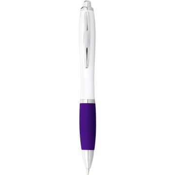 Nash ballpoint pen with white barrel and coloured grip White  purple - 1 Bounce Creative Designs