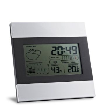 Aluminium desk station with LCD screen. This station has calendar, alarm and weather information and forecast. Includes 2 AAA batteries