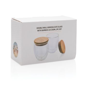 Borosilicate Glass Cups Double Wall With Bamboo Lid 250ml 2pc set Transparent - 1 Bounce Creative Designs