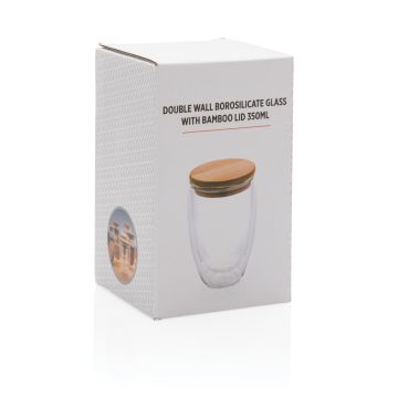 Double Wall Borosilicate Glass Mug With Bamboo Lid 350ml Transparent - 1 Bounce Creative Designs