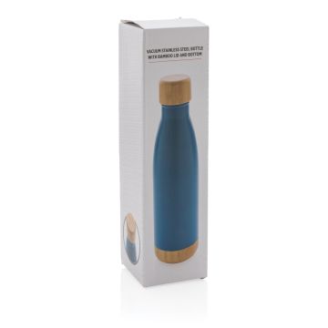 Vacuum stainless steel bottle with bamboo lid and bottom Blue - 1 Bounce Creative Designs