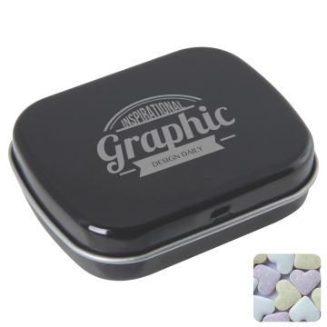 Flat hinged tin with fruit heart sweets 
