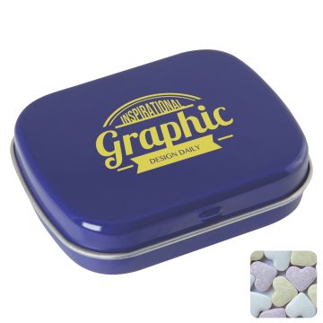 Flat hinged tin with fruit heart sweets 