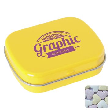 Flat hinged tin with fruit heart sweets 