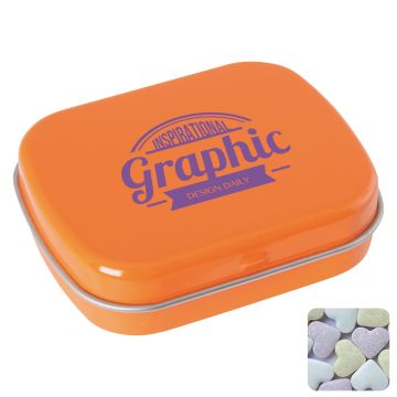 Flat hinged tin with fruit heart sweets 