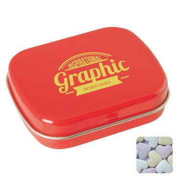 Flat hinged tin with fruit heart sweets 