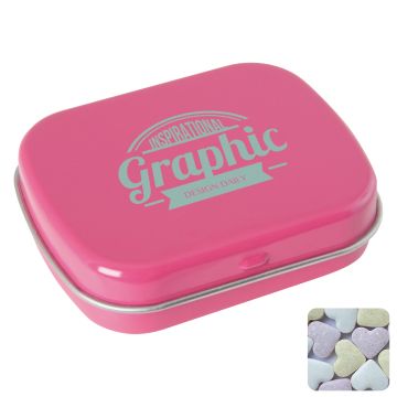 Flat hinged tin with fruit heart sweets 