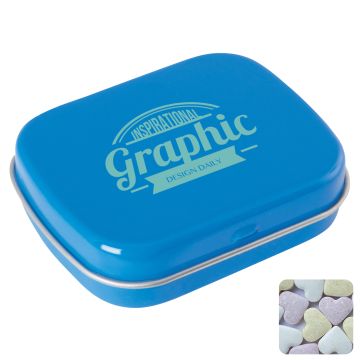 Flat hinged tin with fruit heart sweets 