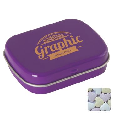 Flat hinged tin with fruit heart sweets 