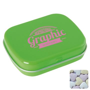 Flat hinged tin with fruit heart sweets 