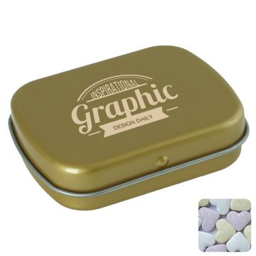 Flat hinged tin with fruit heart sweets 