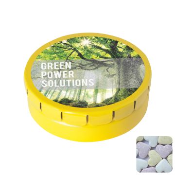 Round click tin with fruit heart sweets