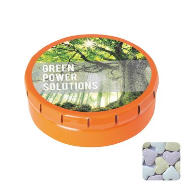 Round click tin with fruit heart sweets