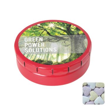 Round click tin with fruit heart sweets