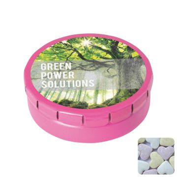 Round click tin with fruit heart sweets