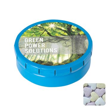 Round click tin with fruit heart sweets