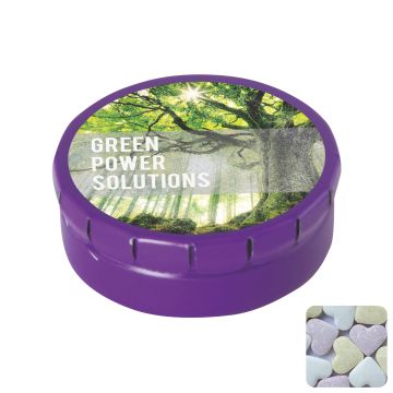 Round click tin with fruit heart sweets