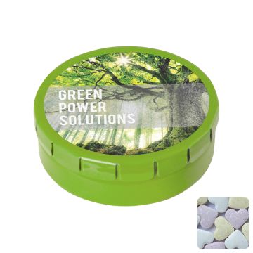 Round click tin with fruit heart sweets