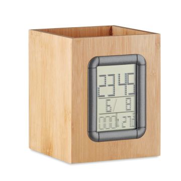 MANILA Bamboo Pen Holder With Digital Clock Calendar And Thermometer Wood - 1 Bounce Creative Designs