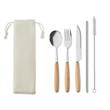 CUSTA SET Reusable Metal And Wood Cutlery Set In Pouch Beige - 1 Bounce Creative Designs