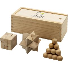 Set Of Wooden Brain Teaser Games With Wood Box Brainiac