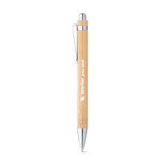 Bamboo ball pen with metal clip. Blue ink