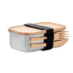 SAVANNA Metal Lunch Box With Bamboo Lid And Cutlery Set