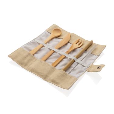 Reusable Bamboo Cutlery Set In Canvas Travel Pouch