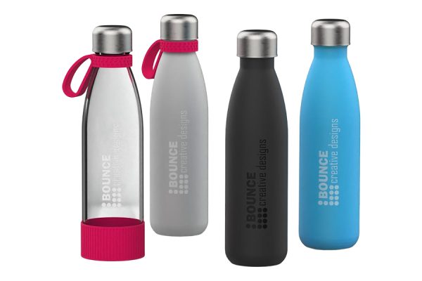 Branded recycled-steel water bottle with company logo, eco promotional product UK
