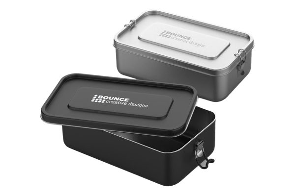 Branded reusable eco lunch box made from bamboo fibre with company logo, sustainable promotional item UK