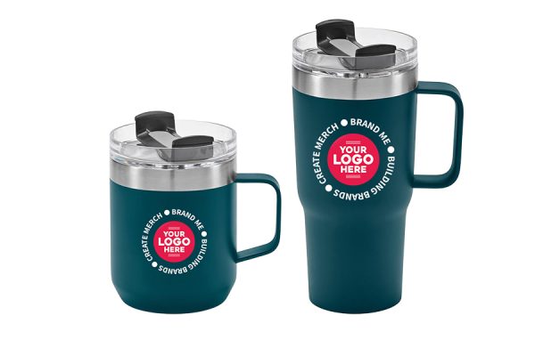 Branded reusable travel coffee cup with logo, sustainable office drinkware UK
