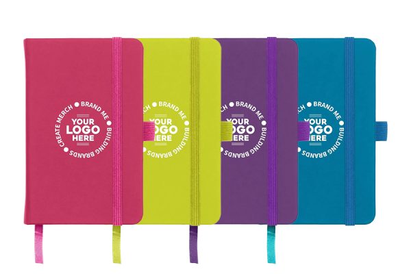 Branded eco-friendly notebook with recycled paper and company logo, sustainable promotional stationery UK
