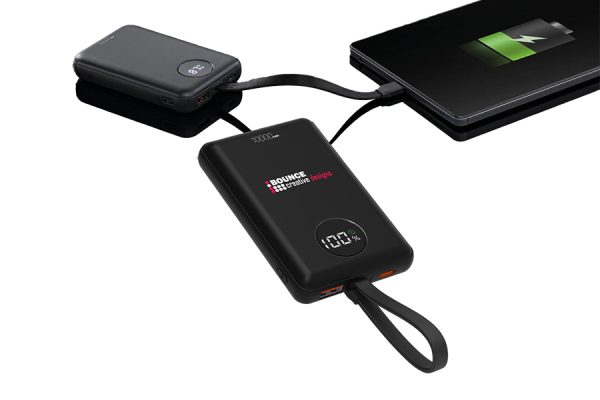 Branded eco-friendly wireless charger gadget with company logo, sustainable tech promo UK