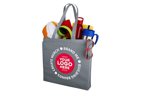 Branded recycled cotton tote bag with business logo, eco promotional merchandise UK