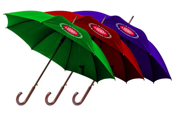 Branded recycled-fabric umbrella with company logo, eco promotional item UK